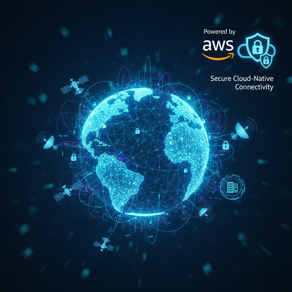 Digital globe with interconnected network lines, satellites, and padlock icons representing secure cloud-native connectivity powered by AWS.