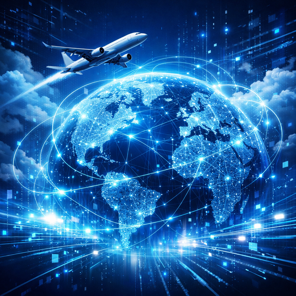 An abstract digital illustration of a glowing blue networked globe with a commercial airplane flying over it, representing global aviation connectivity, cloud-native scalability, and modern airline system infrastructure.