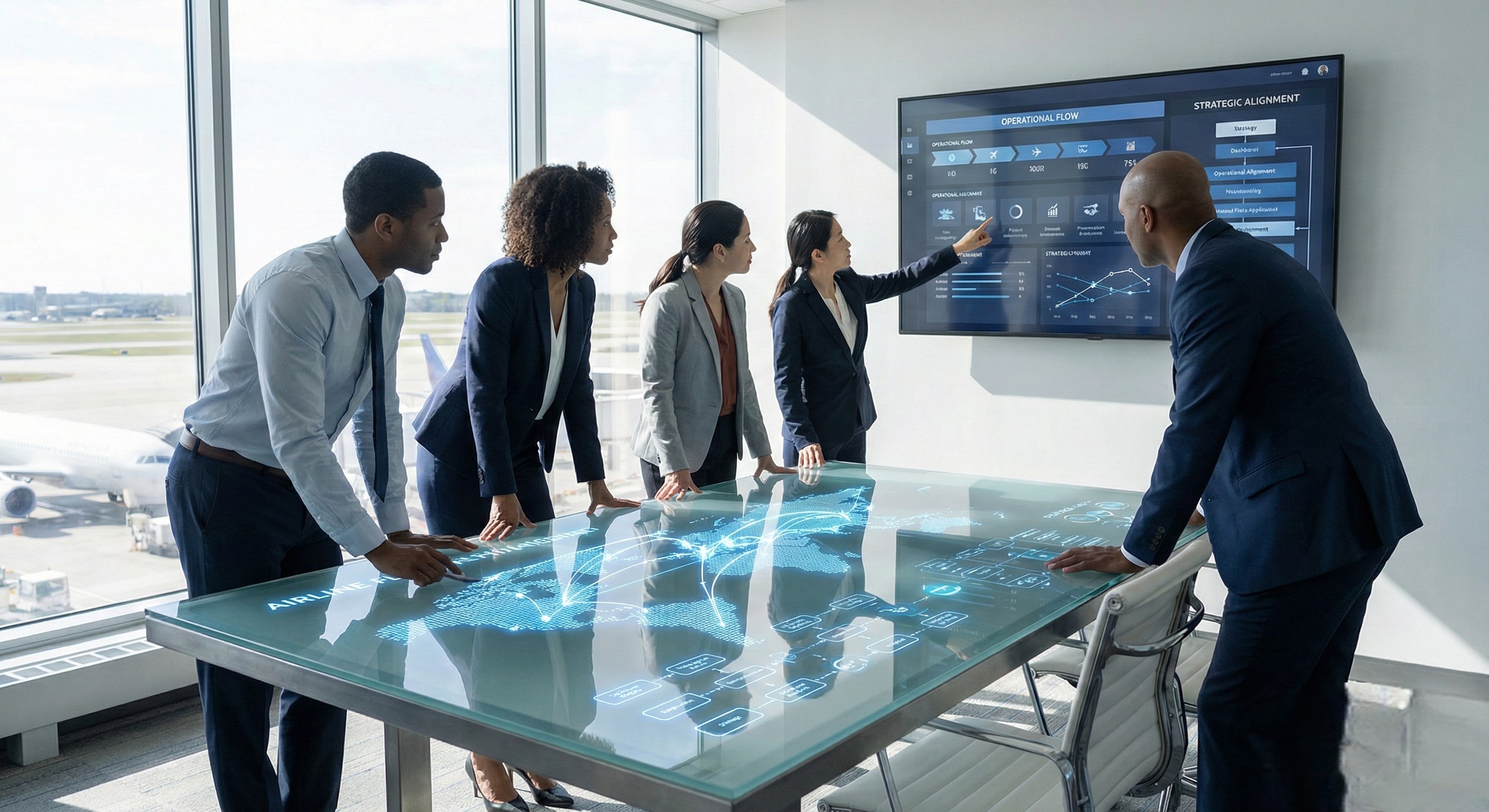 Five business professionals in an office with large windows stand around a glass table displaying a digital world map, while one points to a wall screen showing operational flow charts and strategic alignment data.