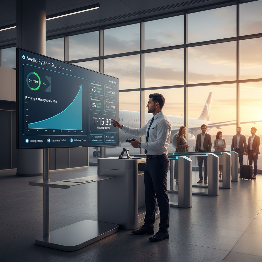 Man in business attire interacting with a large touchscreen displaying passenger throughput data at an airport terminal with people and an airplane in the background.